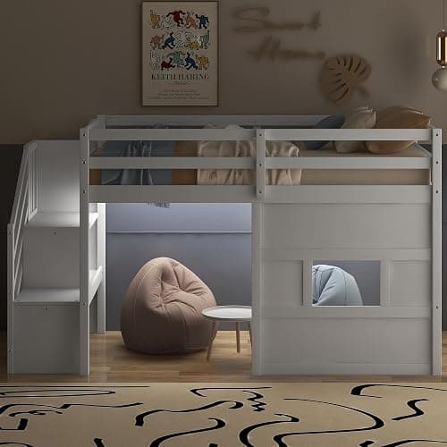 Twin Size Loft Bed with Storage Staircase and Window, Solid Wood Low Loft Bed Frame with LED Light, Full-Length Guardrails and Slats, Space-Saving Kids Bed, No Box Spring Needed, White Finish thumbnail 6