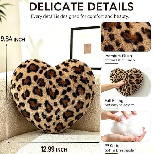 MQumirrin Leopard Heart Pillow Small Cheetah Print Love Pillows Soft Faux Fur Heart Shaped Decorative Pillow Cushion for Bed, Sofa, Couch, Bedroom & Living Room 13 x 10 Inch thumbnail 2
