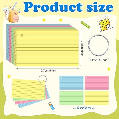 YAGUAO Colored Index Cards 3x5 Inch Flash Cards with Ring Lined Flashcards Note Cards for Studying School Supplies College, 200 Count - Multicolored - 3x5 thumbnail 2