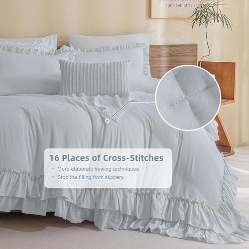 Masaca Ruffle Comforter Full Size,3 Pieces Farmhouse Shabby Boho Chic Full Bedding Set,Vintage Ruffled Rustic Light Blue Bedding Comforter Set for All Season thumbnail 3