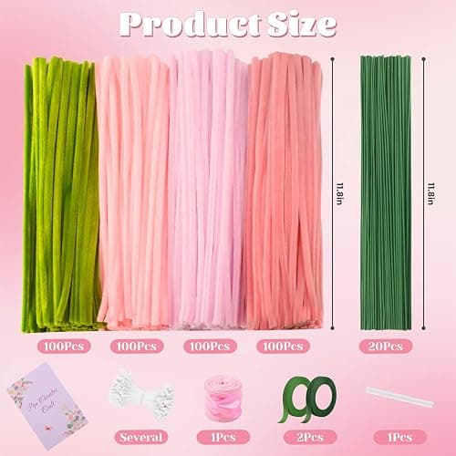 LansinLife 400 Pcs Pipe Cleaners Craft Set, 4 Assorted Pink Pipe Cleaners Bulk, Chenille Stems for DIY Flower Making Kit with Floral Stems, Gardening Tape, Stamen, Ribbon for DIY Bouquet Gift (Pink) thumbnail 2