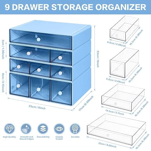 FODIENS Desk Storage Organizer with 9 Drawers, 4 Tiers Stackable Desktop Craft Storage Drawers, Clear Storage Box Caddy for Stationary Makeup Jewelry Office Craft Supplies (Blue) thumbnail 3