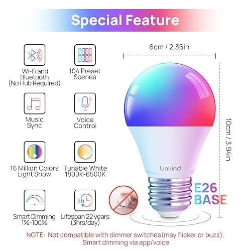Linkind Smart Light Bulbs, Work with Alexa, Google Home, AiDot | Led Color Changing Light Bulb RGBTW, 2.4G WiFi+Bluetooth, 104 Preset Scene, Music Sync, DIY, Dotis, A19 E26, 60W 800LM, 4Pack thumbnail 2