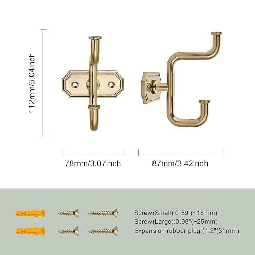 SAILING 2 Pack Coat Hooks Champagne Gold Towel Hooks Robe Hooks Decorative Wall Hooks for Bathroom Bedroom Kitchen Towel Robe Clothes Cabinet Closet Bathroom Hardware thumbnail 3