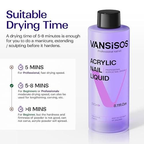 VANSISOS Professional Acrylic Nail Liquid: 8fl.oz Acrylic Liquid for Acrylic Powders Non-Yellowing for MMA-Free DIY Home Nail Salon Use thumbnail 5
