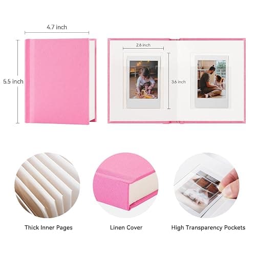 Rseozr Instax Mini Photo Album With Writing Space, Linen Hardcover Polaroid Photo Album 28 Pockets For 2x3 Pictures, Polaroid Album Book For Fujifilm Instax Mini Instant Camera (Pink) thumbnail 3