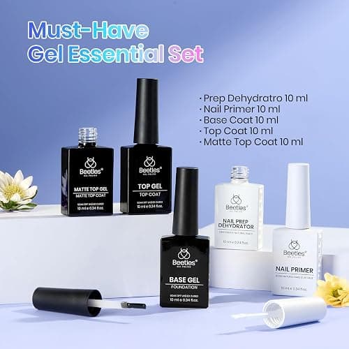 Beetles Base and Top Coat Set with Nail Dehydrator and Primer, 5 Pcs 10ml Glossy Matte Top Coat Gel Nail Prep Acid-Free and Hema-Free Dehydrate Bond Primer Kit thumbnail 2