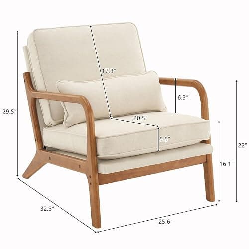Karl home Accent Chair Mid-Century Modern Chair with Pillow Linen Fabric Upholstered Lounge Arm Chair with Solid Wood Frame & Soft Cushion for Living Room, Bedroom, Balcony, Beige thumbnail 2