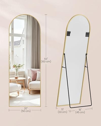 SONGMICS Full Length Mirror, 160 x 50 cm, Arched Full Body Mirror with Stand, Aluminium Alloy Frame, Tempered Glass, for Bedroom, Living Room, Cloakroom, Pale Gold LFM031A01 thumbnail 3