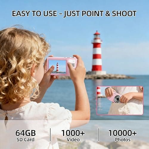 Digital Camera for Kids & Beginners 64GB SD Point and Shoot Digital Cameras | Compact pink digital camera & vlogging camera for kids. Durable drop-resistant design with tripod & 16X zoom for travel. thumbnail 3