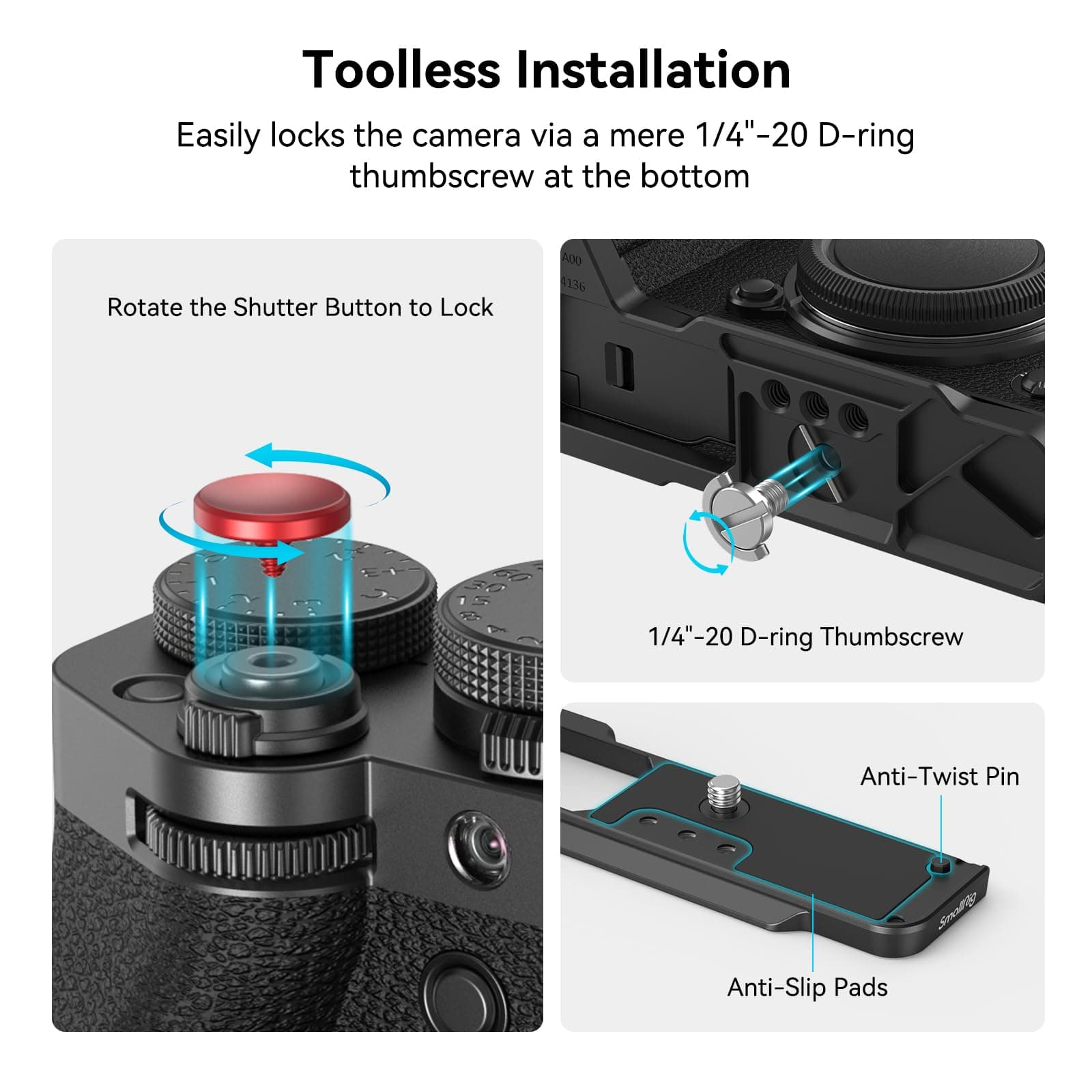 SmallRig X-T5 - Agarre en forma de L para cámara FUJIFILM X-T5, placa de liberación rápida integrada para Arca, agujeros de 1/4"-20, empuñadura ergonómica de silicona, botón de obturador (negro) - thumbnail 3