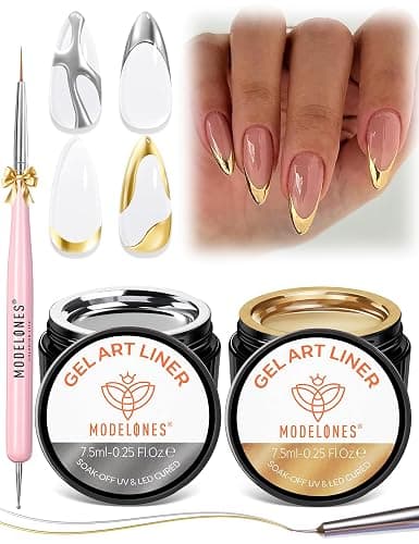Modelones Metallic Gold Silver Liner Gel Polish Set Precision Brush | Chrome Nail Art Gel for French Tips Detail Paint Draw Swirl Design 3D Mirror Effect Soak Off U V Cure DIY Salon Manicure - Image 1