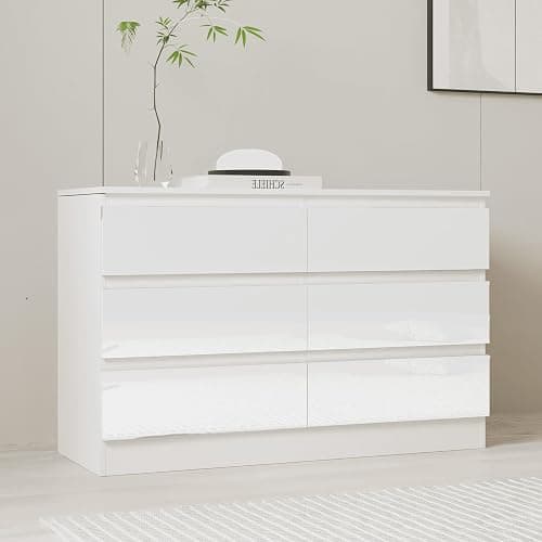 Nera High Gloss 6 Drawer Chest of Drawers Wood, Dresser Drawers for Bedroom Furniture Storage Unit Drawers for Clothes (White Gloss (Matt White)) thumbnail 4