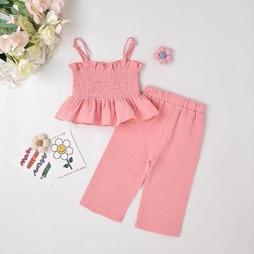 Aenbilo Toddler Baby Girl Clothes Summer Outfits Cute Bow Button Ruffle Camisole Pants Set 9-36 Months thumbnail 3