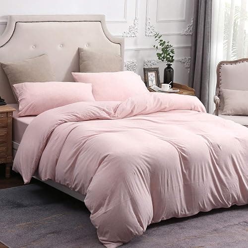 PURE ERA Jersey Knit Duvet Cover Set 100% T-Shirt Cotton Super Soft Comfy 3pc Bedding Set with Zipper Closure (Heather Pink, Queen) thumbnail 4