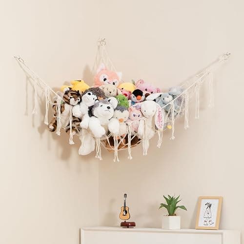 Lilly's Love Stuffed Animal Storage Macrame Hammock, Large - Boho Room Decor Toy Storage - Corner Hanging Plushie Stuffed Animal Net Organizer (White) - Image 1