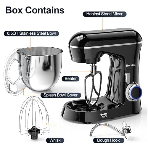 Honinst Stand Mixer, 6.5QT 10-Speed Tilt-Head Electric Stand Mixer, 3-In-1 Kitchen Mixer with Bowl, Dough Hook, Whisk and Beater, Food Mixer for Baking, Cake and Most Home Cooks, Black thumbnail 3