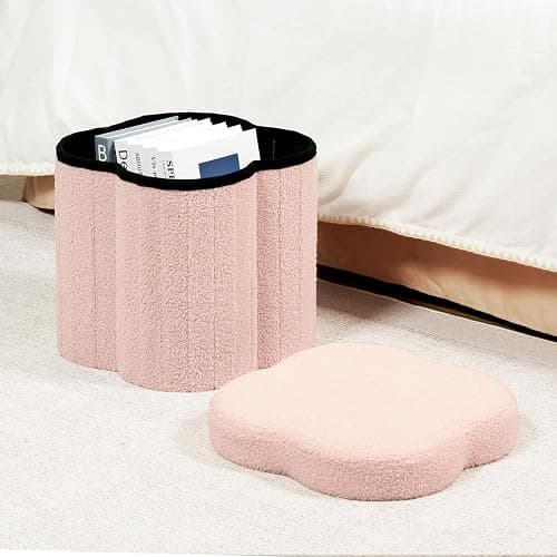 B FSOBEIIALEO Storage Ottoman Cube, Flowers Shaped Ottomans with Storage Foot Stool Footrest for Lving Room, Boucle Ottoman Seat for Dorm Room,Faux Teddy Fur, Pink 12.6"x12.6"x12.6" thumbnail 2