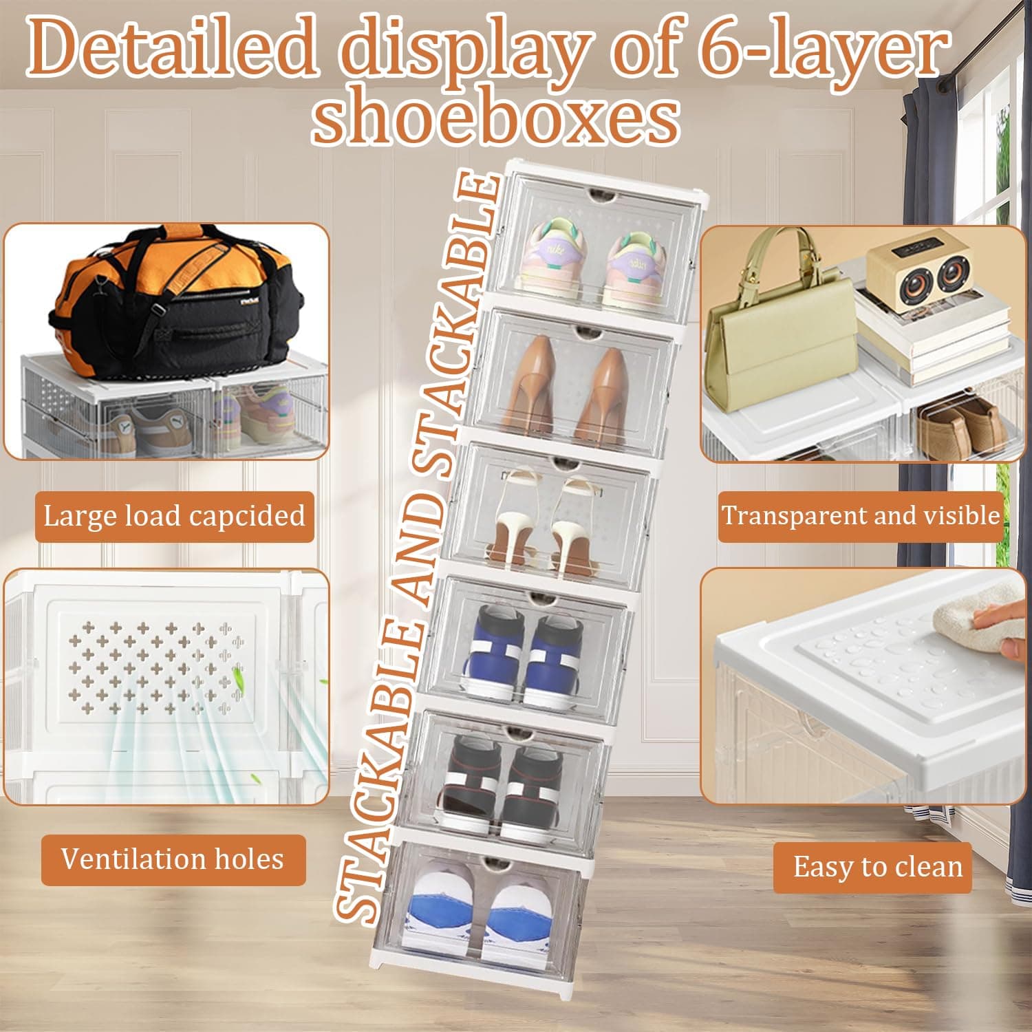 6 Niveles Zapatera Organizador，Caja de zapatos transparente plegable，Caja de Zapatos de Plástico con Tapa,Zapatera Apilable，Adecuado para Sala de Estar, Armario, Dormitorio thumbnail 4