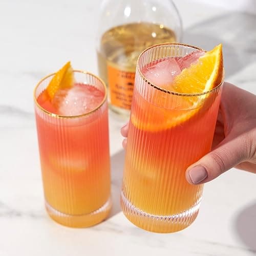 Viski Meridian Highball Glasses Set of 2 - Vintage Drinking Glass, Art Deco Ripple Glassware Design, 15oz Gold Rimmed Collins Glasses Set thumbnail 7