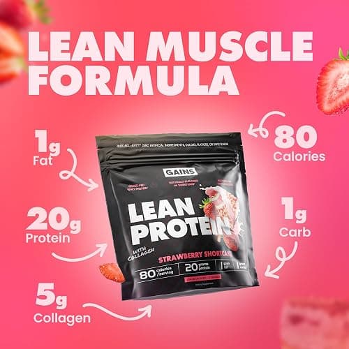Gains in Bulk Lean Grass Fed Whey Protein Powder With Collagen Peptides, Gluten Free, 20 G Protein & 5 G Collagen, Plant Enzymes to Support Digestion, Natural Flavor, Strawberry Shortcake, 27 Servings thumbnail 3
