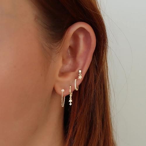 Gold Earrings for Women, 14k Gold Plated Dangle Huggie Earrings for Women Trendy Dainty Gold Hoop Earring Stacks Hypoallergenic Pearl Chain Drop Cartilage Earring Fashion Womens Jewelry thumbnail 2
