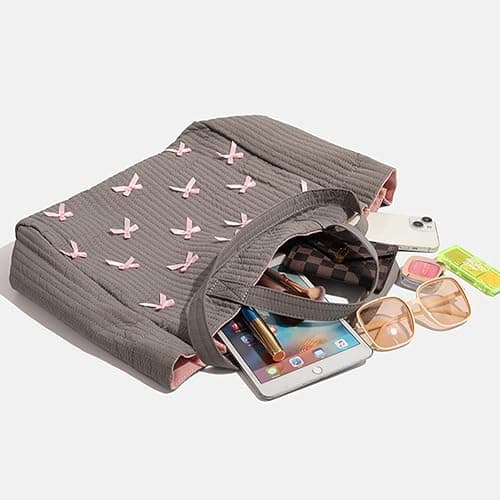 Umimss Preppy Y2K Bow Tote Handbag - Gray-Pink Puffer Aesthetic Large Shoulder Hobo for School, Fashion and Travel thumbnail 3