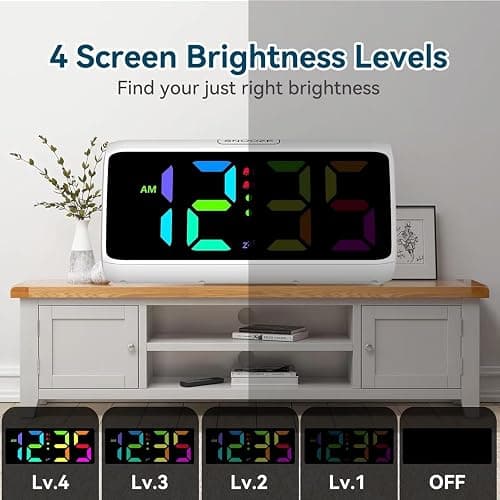 Netzu Loud Alarm Clock for Heavy Sleepers, Plug-in RGB Vibrating Alarm Clocks with Bed Shaker, 5 Dimmers, 2 Alarms and Snooze for Bedrooms Hearing Impaired Deaf Adults (White) thumbnail 6
