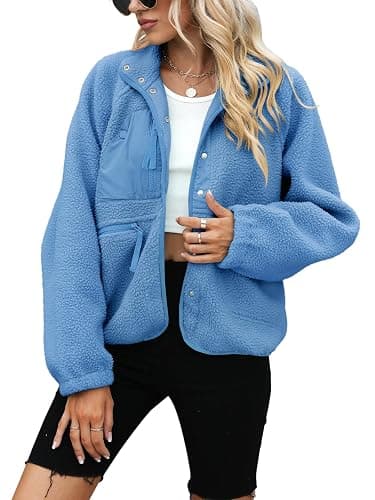 Yanekop Womens Fleece Jacket Fuzzy Long Sleeve Short Winter Coats Button Down Sherpa Jacket Outerwear with Pockets thumbnail 2