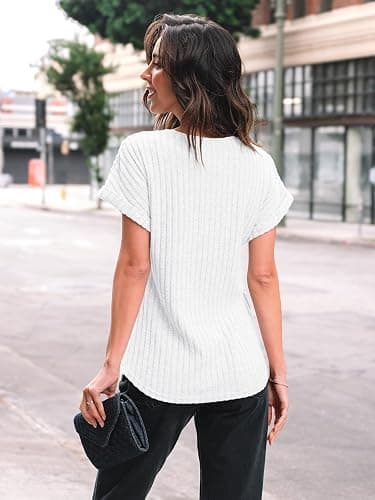 AUTOMET Women Shirts Fall Sweaters Regular Fit Short Sleeve Tunic Tops 2025 Dressy Casual Business Blouses - White - Small thumbnail 4