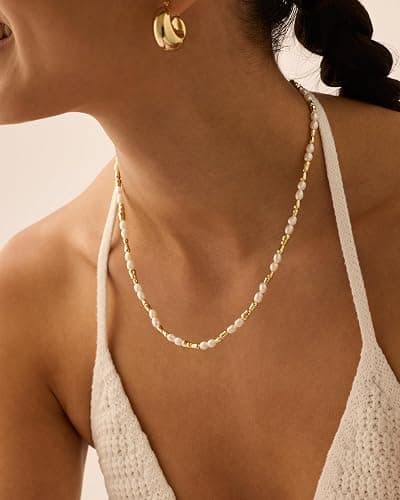 PAVOI 14K-18K Gold Plated Dainty Pearl Necklaces for Women - Station Beaded Choker Paperclip Chain Gold Pearl Necklace Bridal Jewelry thumbnail 4