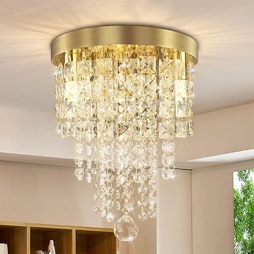 TISLYCO Mini Gold Crystal Chandelier, 3 Light Modern Flush Mount Ceiling Light Fixture, Raindrop Ceiling lamp Beaded Crystal Pendant Lighting for Hallway, Bedroom, Living Room, Dining Room - Image 1
