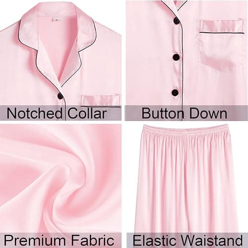 SWOMOG Women Satin Pajamas 4pcs Pajama Set Sexy Cami Shorts Set and Button Down Long Sleeve Pjs Loungewear Sleepwear thumbnail 5