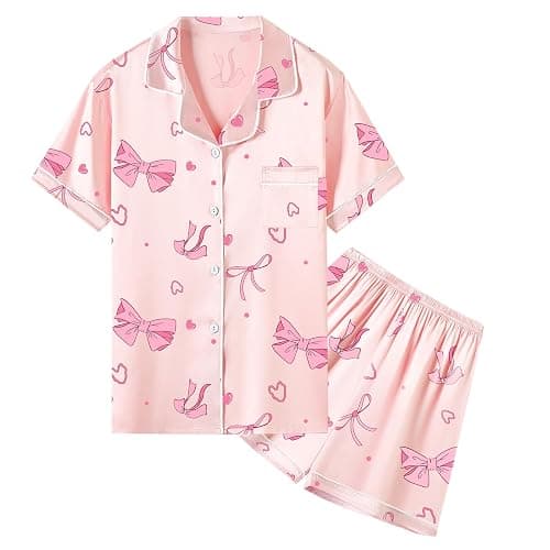 Umeyda Women & Girls Pajamas Set, Soft Satin Lightweight Silk Button-Down Top with Shorts 2 Piece PJS for Mom Boys Kids Gifts - Image 1