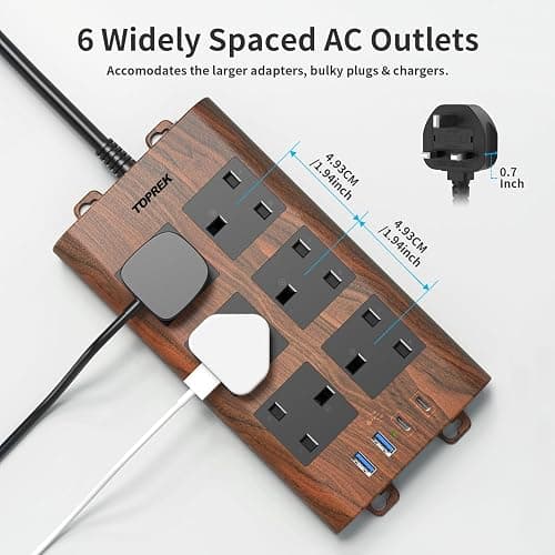 TOPREK Wood Grain 6 Way Extension Lead with USB Slots, Surge Protection, 2USB-A & 2USB-C & 1 Switch, 13A/3250W, Brown Extension Cable 2M for Home Office Kitchen thumbnail 6