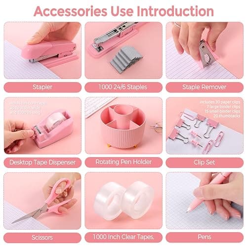 SKYDUE Pink Desk Accessories 10Pcs, Rotating Pen Holder for Desk, Stapler, Staple Remover, Tape Dispenser,2pcs Tape Refills, Binder Paper Clips Kit, Scissor,Pink Office School Supplies thumbnail 4