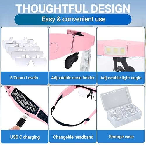 YOCTOSUN Magnifying Glasses with Light, Rechargeable Magnifying Headset with 5 Detachable Lenses 0.75X-4.0X and 3 LED Lights, Hands Free Headband Magnifier for Close Work Hobby Crafts Jewelry thumbnail 6