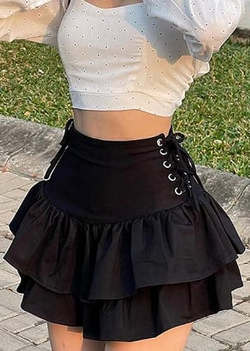 Sunidol Womens Gothic Skirt Y2k 2000s Girl Mall Goth Punk Skirts High Waist Lace-Up Ruffle Fairy Grunge Mini Skirts thumbnail 3