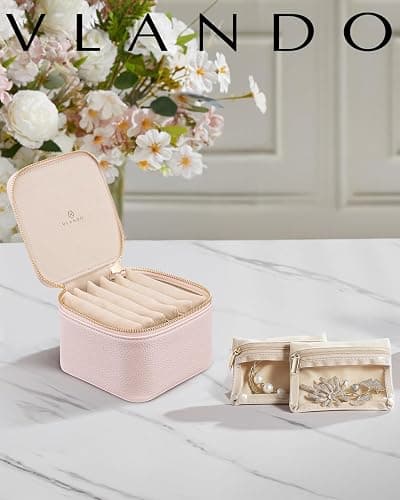 Vlando Gifts for Teachers,Jewelry Box with 6 Velvet Jewelry Bags Travel Jewelry Storage for Women Girl Jewelry Organizer Necklace Rings Earrings Bags Gifts for Women(Pink) thumbnail 2