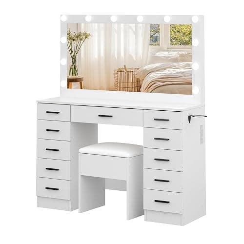 Panana Makeup Table Set with 11 Drawers, Vanity Desk with Large Mirror and Lights, Dressing Table with Storage Cushioned Stool, Power Outlet, 3 Lighting Modes for Bedroom Dressing Room (White) - Image 1