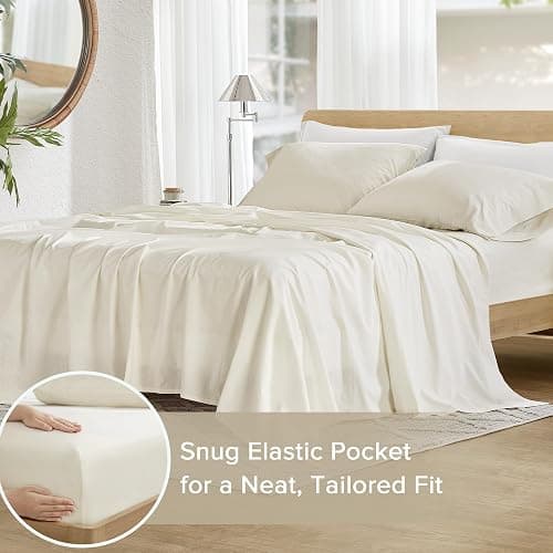Comfort Spaces 100% Cotton Percale Sheets King Sheet Set 4 Pcs, Ivory | Crisp, Cool & Breathable Bed Sheets, 14" Deep Pocket Fits Up to 16" Mattress, Lightweight, All Season Cozy, with Pillow Case thumbnail 5