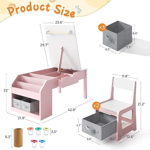 5-in-1 Kids Art Table and Chairs, Wood Toddler Table and Chair Set with Storage Drawers, Craft Play Desk for Kids, Convertible Art Easel with Paper Roll Holder, Children Activity Learning Center-Pink thumbnail 3