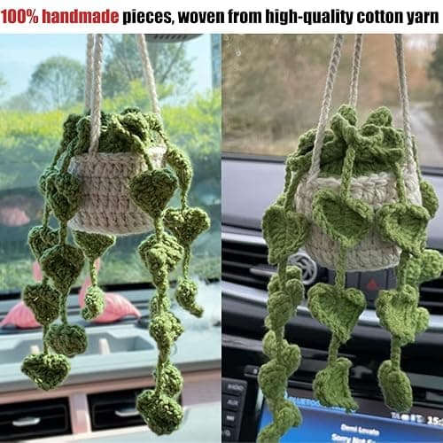 XINLIYA Crochet Cute Potted Plants, Hanging Handmade Knitted Decor for Women Men, Woven Cute Charms Ornament Pendant, Car Accessories Interior Aesthetic (Coffee/Green) thumbnail 4