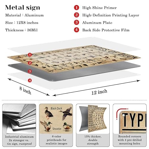 HYBLOM Duck Hunting Gifts for Men, Types of Duck Metal Sign Vintage 12x8 IN | Rust-Proof Aluminum, Mallard Duck Decor, for Nursery Boys Room Cabin Lodge Man Cave, Duck Hunting Accessories, Retro Tin Sign thumbnail 2