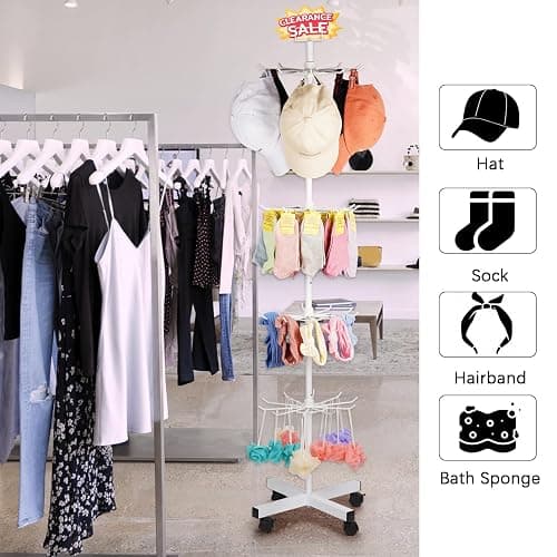 Exttlliy 5-Tier Metal Spinning Display Stand Rack with Wheels, Keychain Jewelry Stocking Hat Display Stand, White thumbnail 6