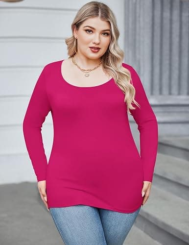 IN'VOLAND Women's Plus Size Long Sleeve Shirts Scoop Neck Slim Fitted T Shirt Stretchy Bodycon Basic Tee Tops thumbnail 2