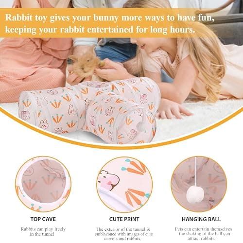 HERCOCCI Rabbit Toys, Bunny Tunnels & Tubes, Collapsible 3 Way Rabbit Hideout Tunnel with Chew Toys for Bunny Guinea Pig Ferret Kitten thumbnail 3