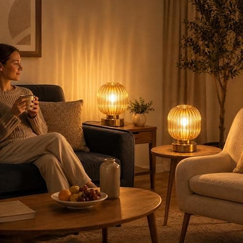 Elenhome Amber Touch Glass Table Lamp Set of 2, 3-Way Dimmable Bedside Lamps, Vintage Mid-Century Modern Nightstand Lamps for Bedroom and Living Room, Ambient Mood Lighting, LED Bulb Included thumbnail 5