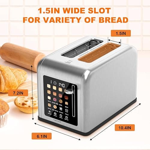 2 Slice Toaster Touch Screen, Stainless Steel Toasters Digital Timer 2 Slot Toasters, 8 Shade Settings 6 Bread Types for Bagel, Cancel, Defrost（Stainless Steel） thumbnail 3