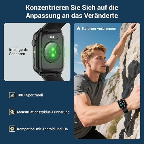 Smartwatch Herren Damen, 1,91'' HD Touch Fitnessuhr mit LED Taschenlampe & Bluetooth Anrufe, 100+ Sportmodi Fitness Tracker mit SpO2-Schlaf-Schrittzähler-2 Armbändern, IP68 Wasserdicht für iOS Android thumbnail 5